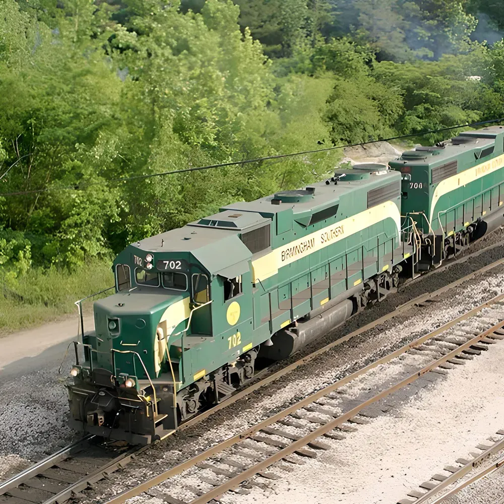 A green Birmingham Southern Railroad carrier train travels along a track with a flat embankment visible in the background