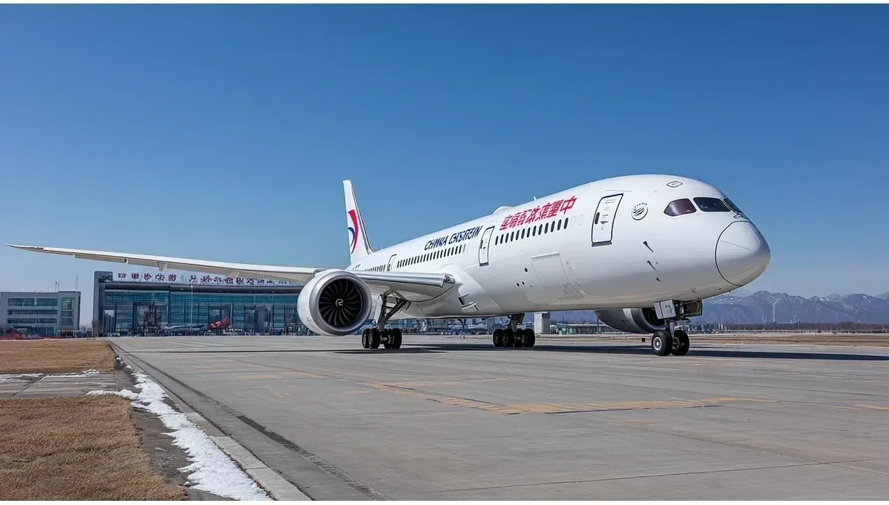 A China Eastern Airlines Boeing 787 Dreamliner airplane sits on a runway tarmac details are visible of the aircrafts nose