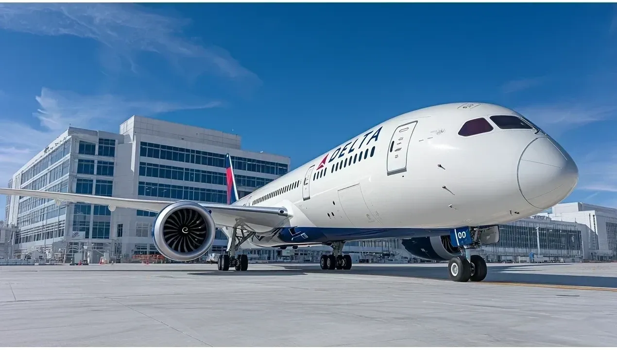 A white Delta Air Lines Boeing 737800 airplane stands on a tarmac beside a modern building with large windows