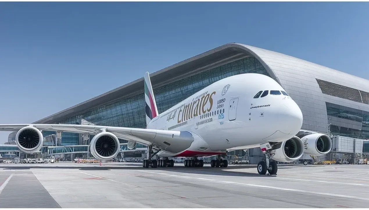 A large Emirates Airbus A380 aircraft stands prominently on the tarmac of an airport terminal its twin engines visible and a