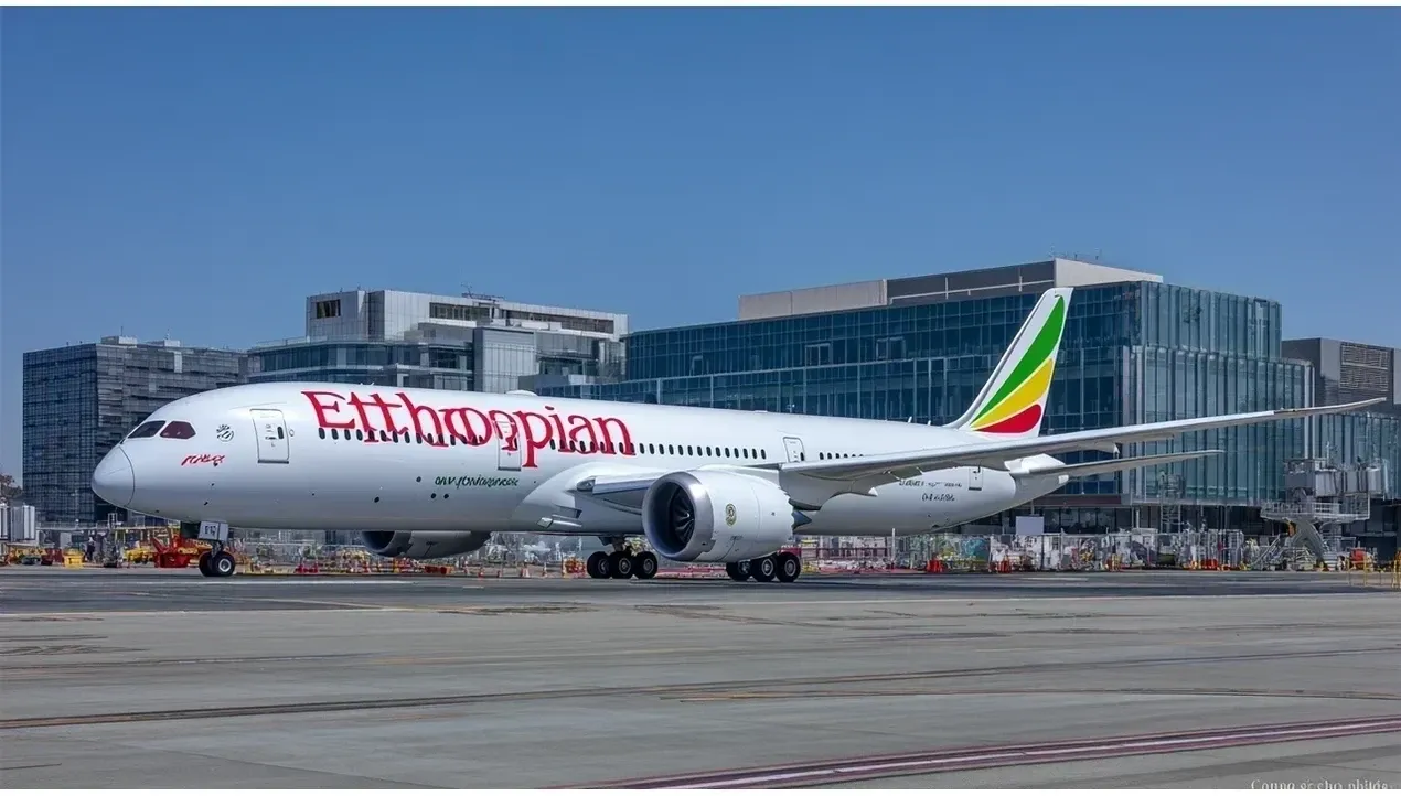 Ethiopian Airlines Boeing 787 Dreamliner aircraft gracefully ascends against a modern cityscape background