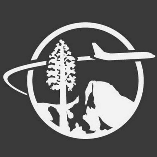 A stylized airplane silhouette ascends against a mountain backdrop featuring a prominent pine tree