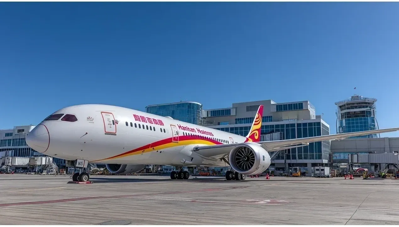 A Hainan Airlines Boeing 787 Dreamliner sits on the tarmac at an airport with a prominent red and white livery detailed wing
