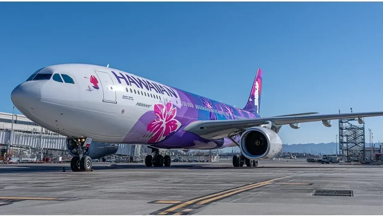 Hawaiian Airlines widebody aircraft parked at an airport gate showing floral designs along the fuselage and tail