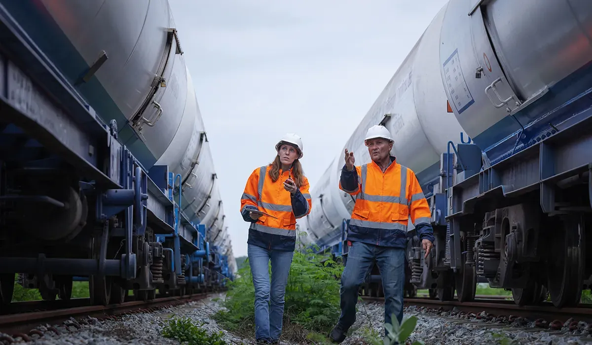 Two workers in highvisibility jackets walks along a line of freight rail cars under a cloudy sky