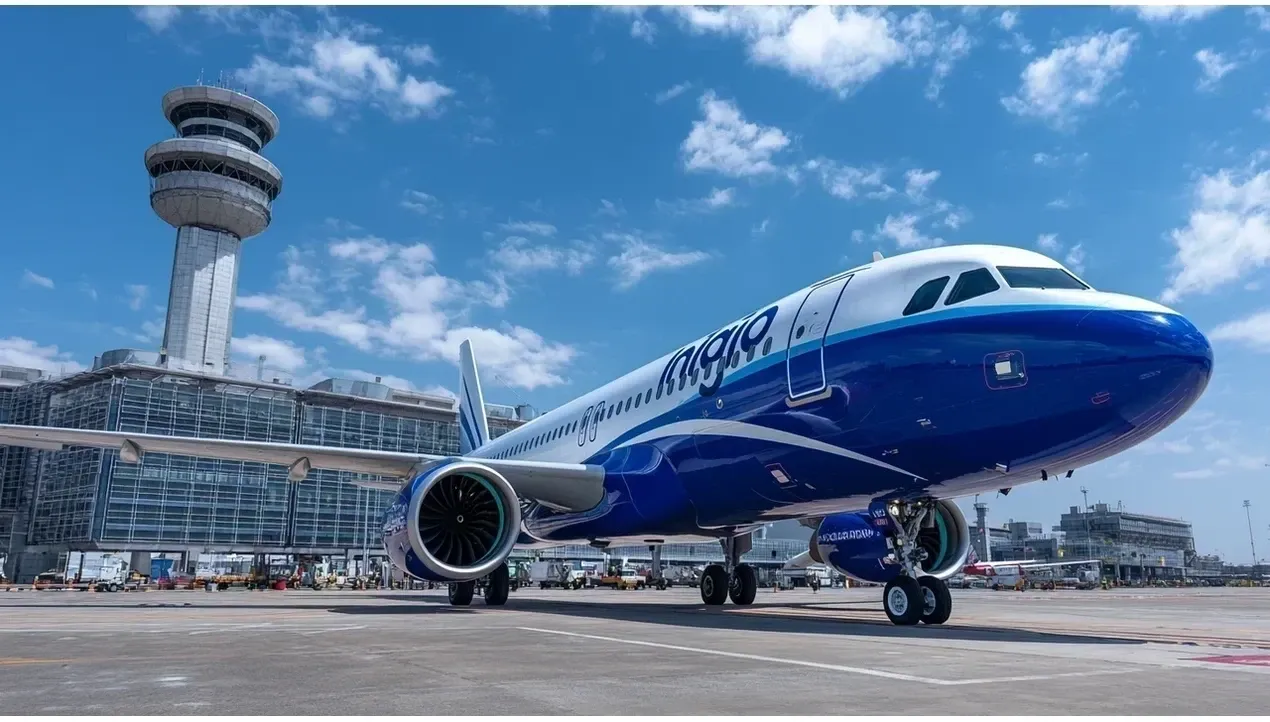 An indigo hero airplane is parked on a tarmac with a modern skyscraper in the background