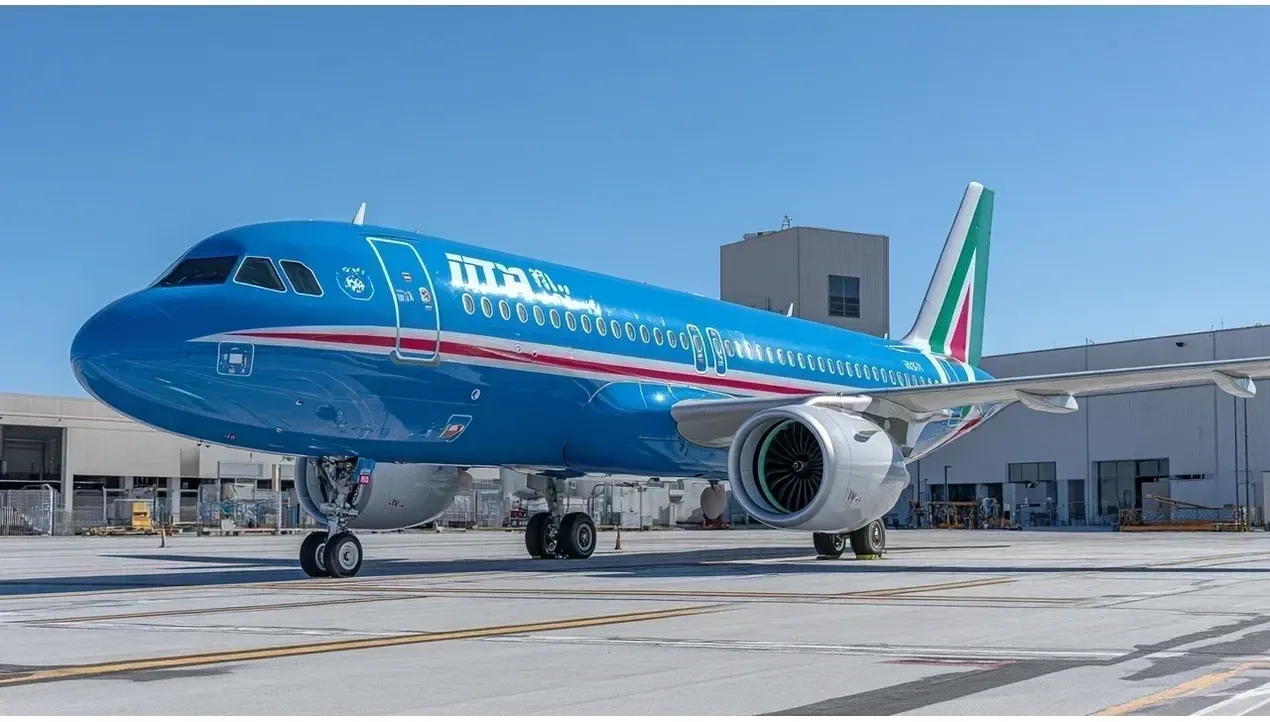 An Itavia aircraft stands on a tarmac with a prominent engine and a sleek design showcasing the airlines livery