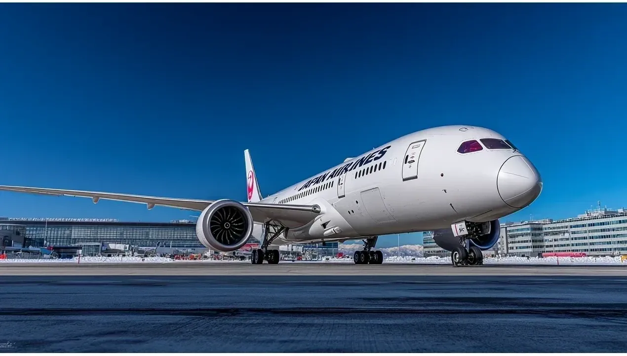 A Japan Airlines Boeing 787 Dreamliner taxiing down the runway with visible jet engines and a modern livery