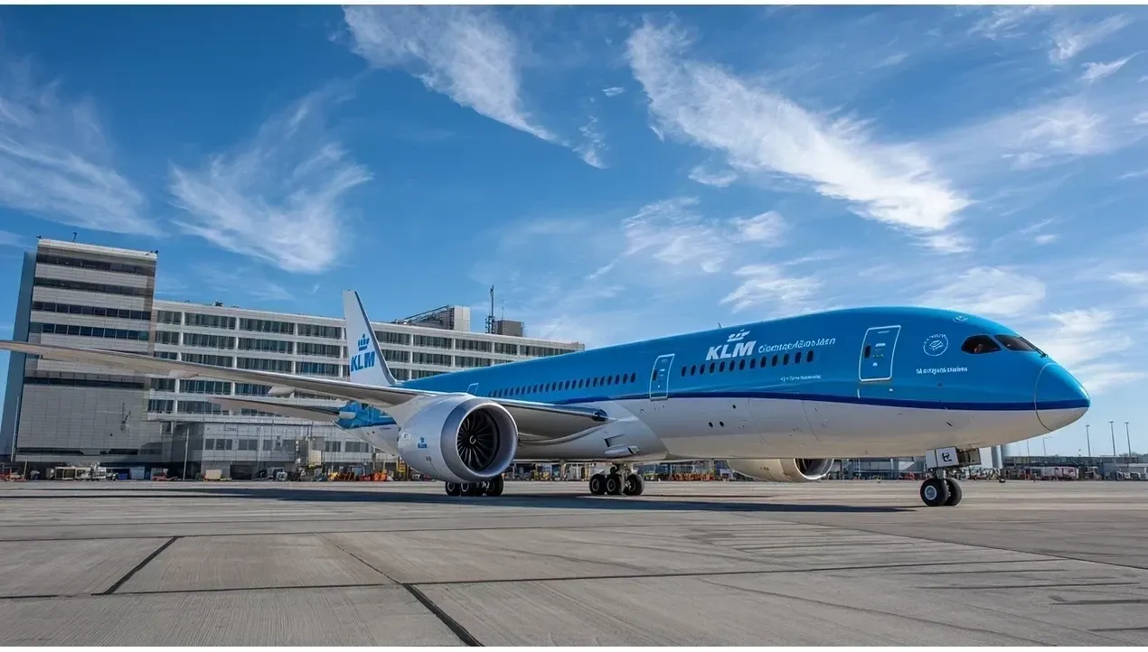 A KLM Boeing 7879 Dreamliner airplane stands on a tarmac with blue skies in the background