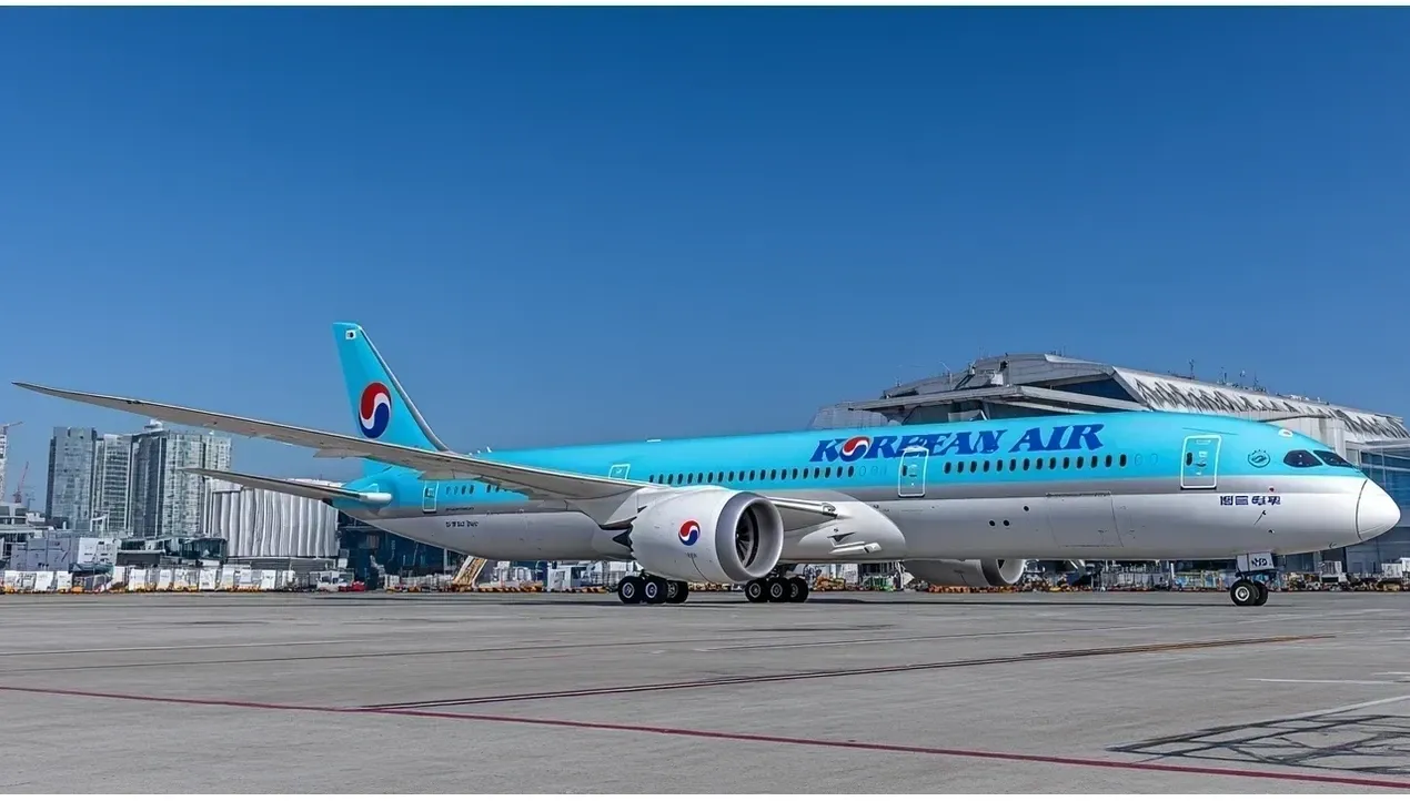 A sleek Korean Air Boeing 7879 Dreamliner sits on the tarmac a prominent feature of the modern airport scene