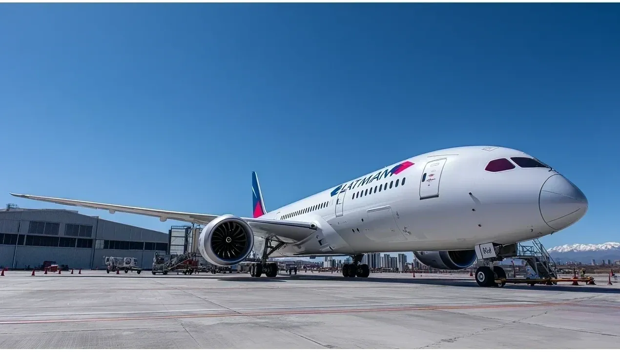 A large Latam Airlines aircraft stands at an airport tarmac with ground support equipment nearby