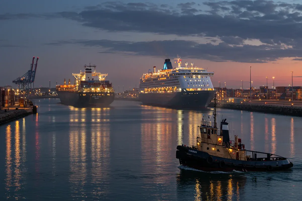 A tugboat navigates a channel near the Illinois International Port District with container cranes visible in the background