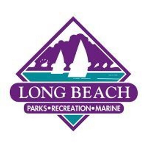 The Long Beach Airport logo depicts a stylized airplane soaring over a blue water surface reflecting a bright sky
