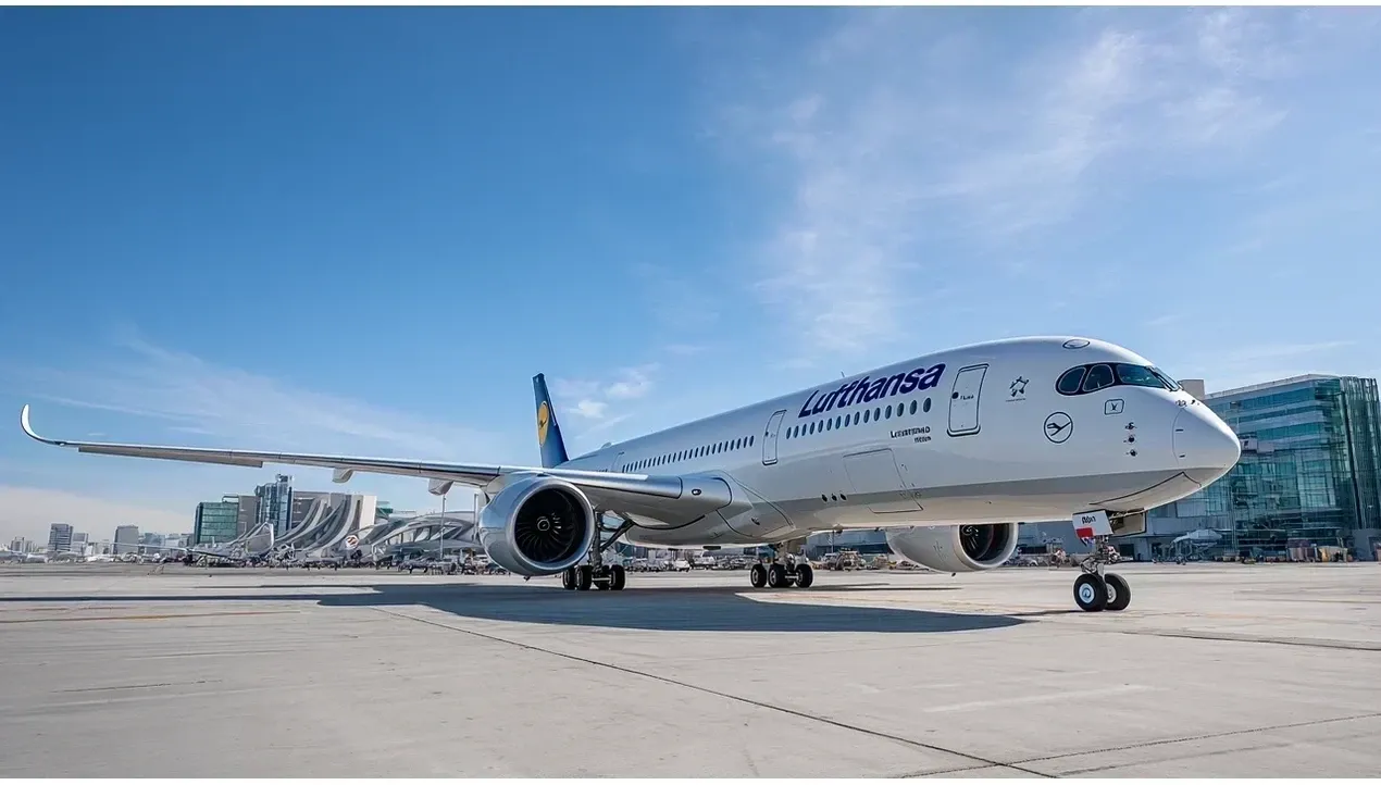 A Lufthansa aircraft stands on the tarmac with its large engines visible against a modern airport background