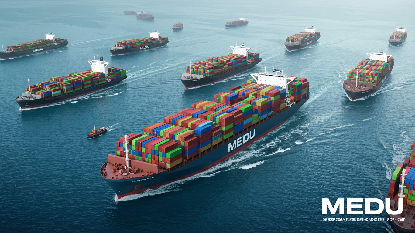 A cargo ship navigates a waterway surrounded by numerous smaller boats and vessels indicating a busy port scene