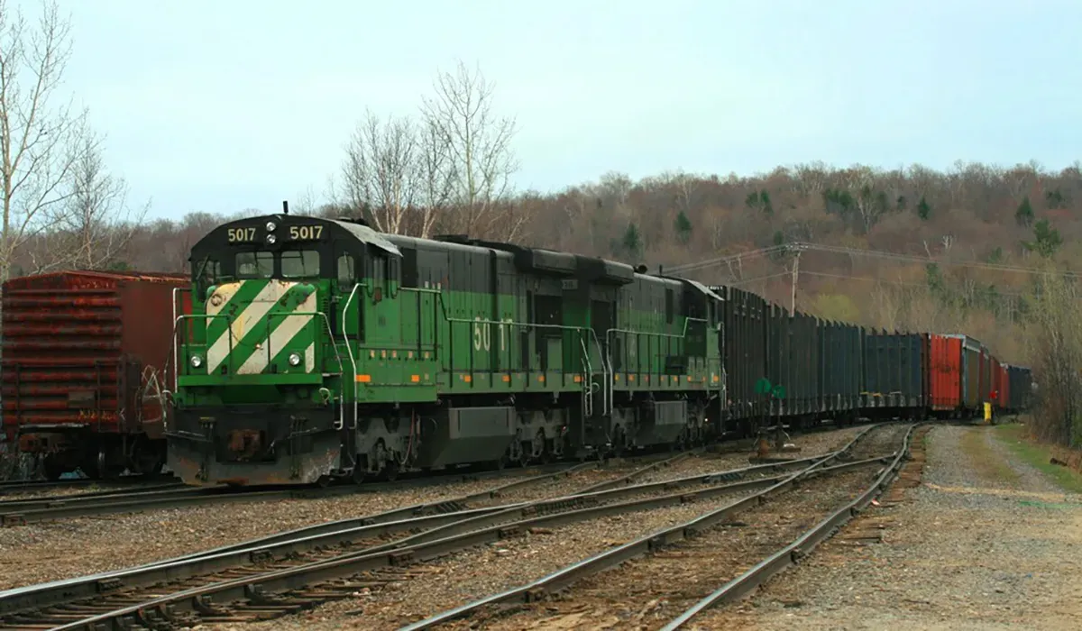 A green Montreal Maine and Atlantic Railway locomotive leads a string of freight cars along a curving track surrounded by
