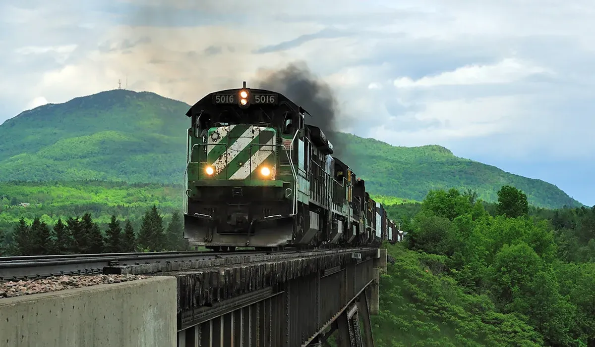 A Montreal Maine and Atlantic Railway locomotive passes under a concrete bridge surrounded by lush green forest