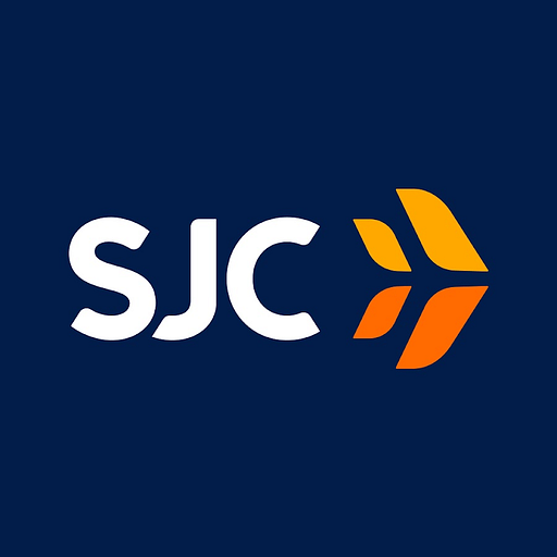 The San Jose International Airport logo features a stylized orange airplane against a dark blue background symbolizing