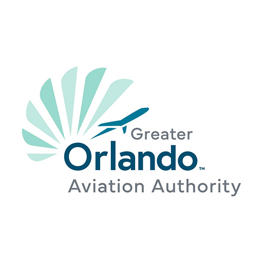 The Orlando International Airport logo features a stylized airplane soaring above a palm tree silhouette in green and white