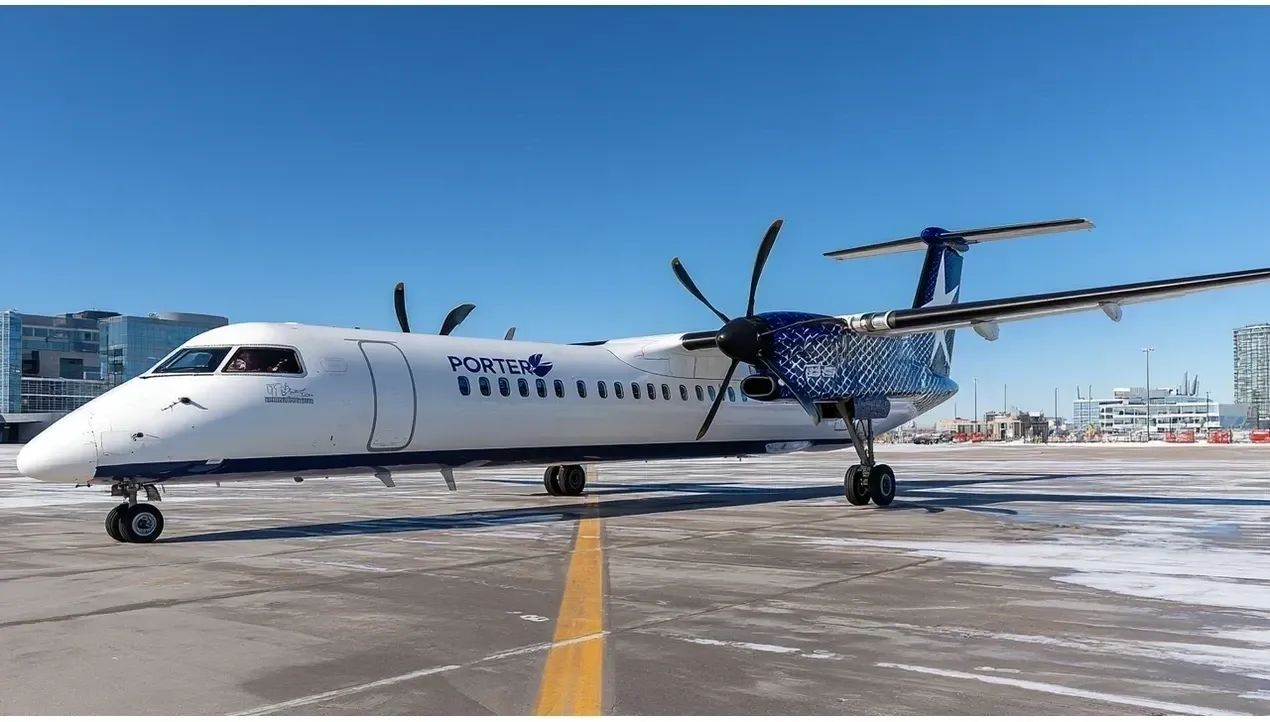 A De Havilland Canada Dash 8400 Porter Airlines aircraft sits on the tarmac with blurred city buildings in the background