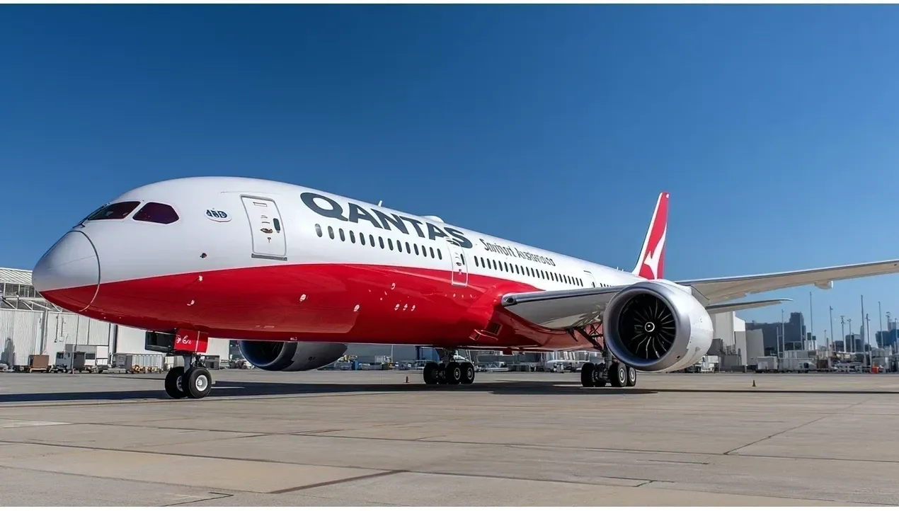 A vibrant Qantas aircraft sits on the tarmac showcasing its distinctive red and white livery a prominent symbol of