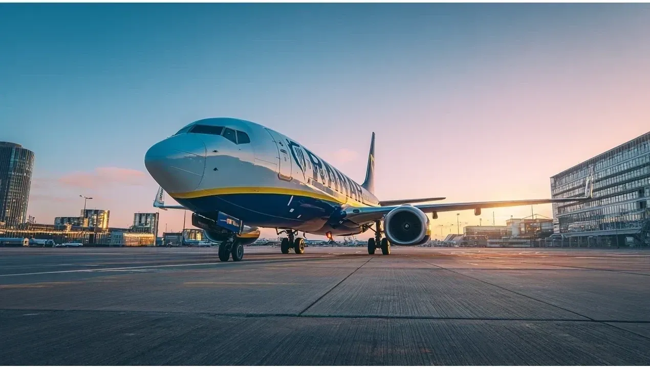 A bright Ryanair aircraft stands on the tarmac bathed in warm sunset light A single engine is visible as it prepares for