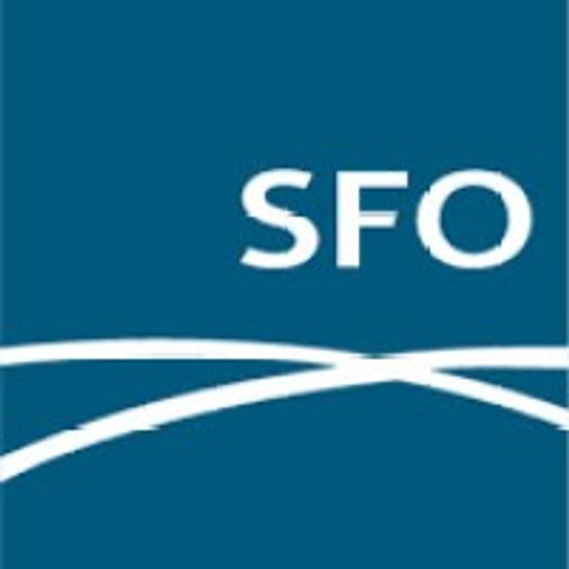 The San Francisco International Airport logo features a stylized white wave on a dark blue background representing the