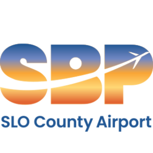 The San Luis Obispo County Regional Airport logo features a bold orange plane silhouette against a dark blue background