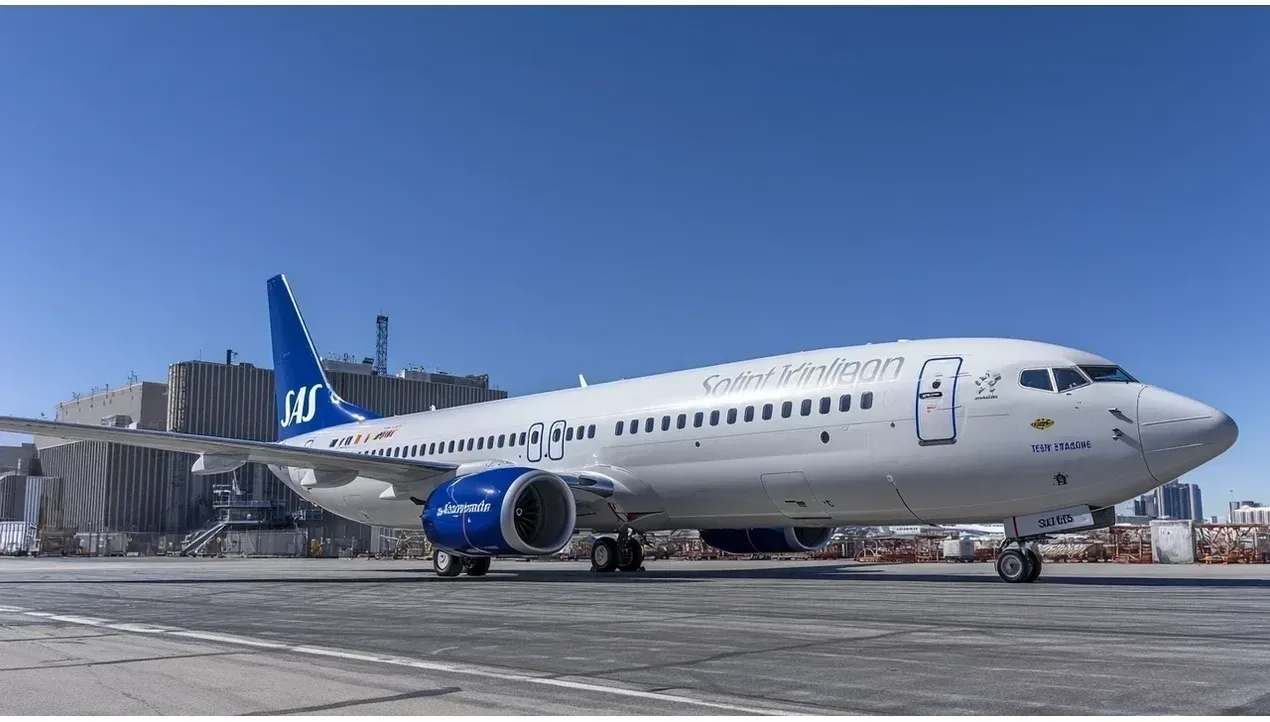 A Scandinavian Airlines aircraft stands on the tarmac with its blue livery prominent against a gray sky
