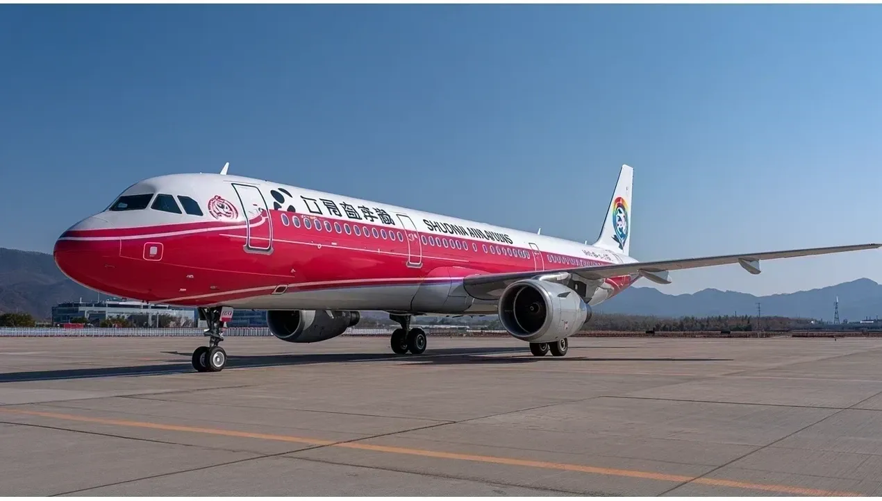 A Sichuan Airlines Boeing 737 airplane stands prominently on the tarmac with a vibrant red livery and large logo