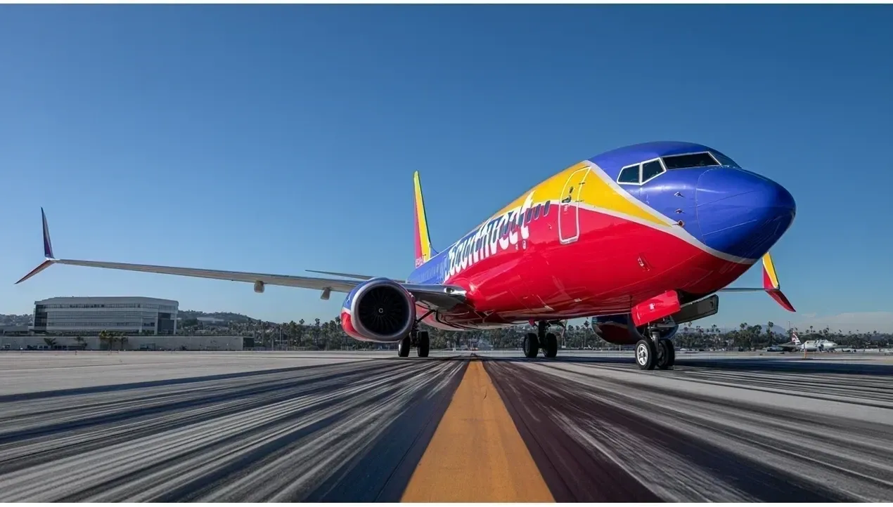 A Southwest Airlines Boeing 737 jet aircraft approaches a runway with a yellow centerline extending into the distance