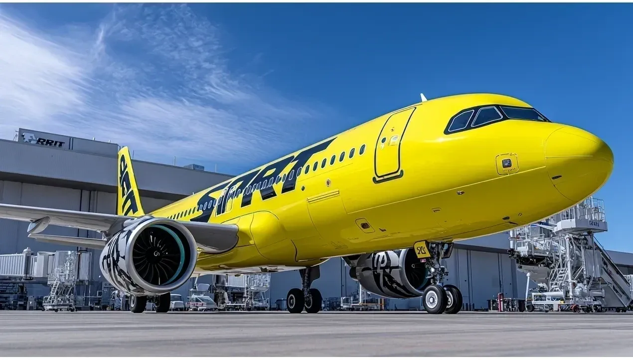 A vibrant Spirit Airlines Boeing 737 aircraft dominates the scene with its bright yellow livery standing on the tarmac