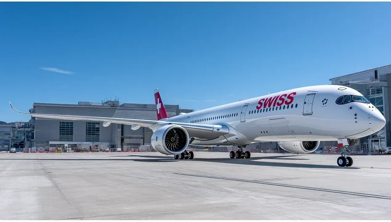 A Swiss Hero aircraft stands on the tarmac at an airport hangar The aircrafts red tail is prominent against a bright blue sky