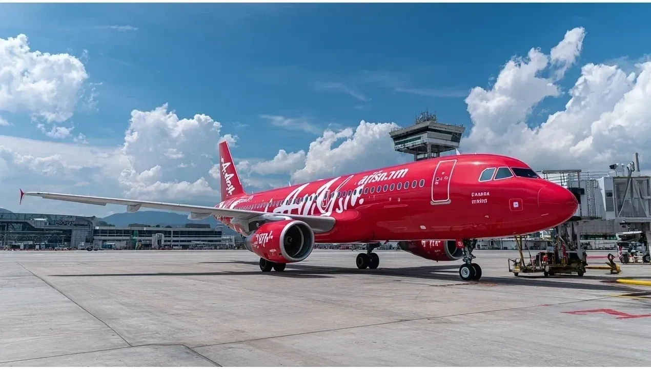A red Thai AirAsia Hero aircraft sits on the tarmac awaiting departure with baggage handlers nearby