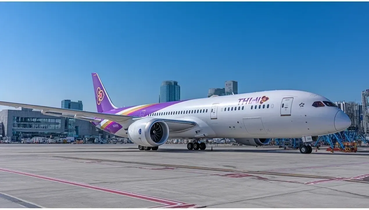 A Thai Airways International aircraft sits on the tarmac showcasing its distinctive purple livery a prominent symbol of the