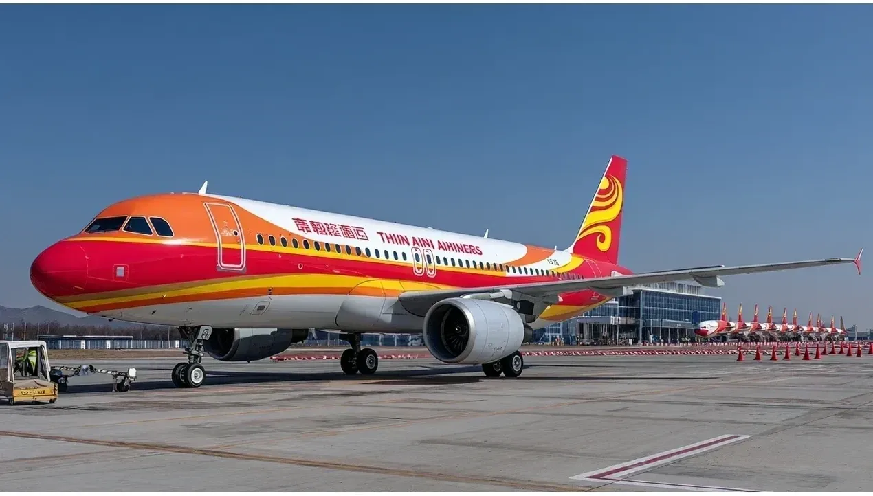 A Tianjin Airlines aircraft stands on a runway with baggage tugs nearby reflecting sunlight The planes livery is