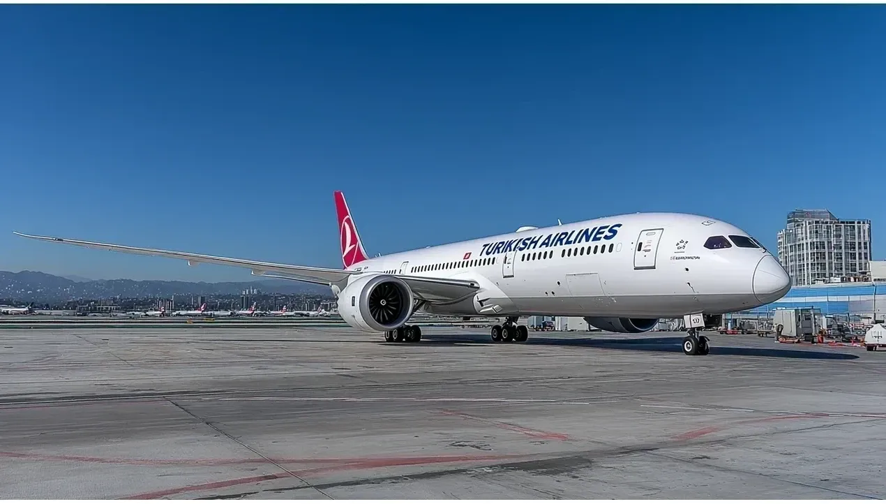 A Turkish Airlines Boeing 737 aircraft sits on the tarmac with visible engines against a backdrop of buildings