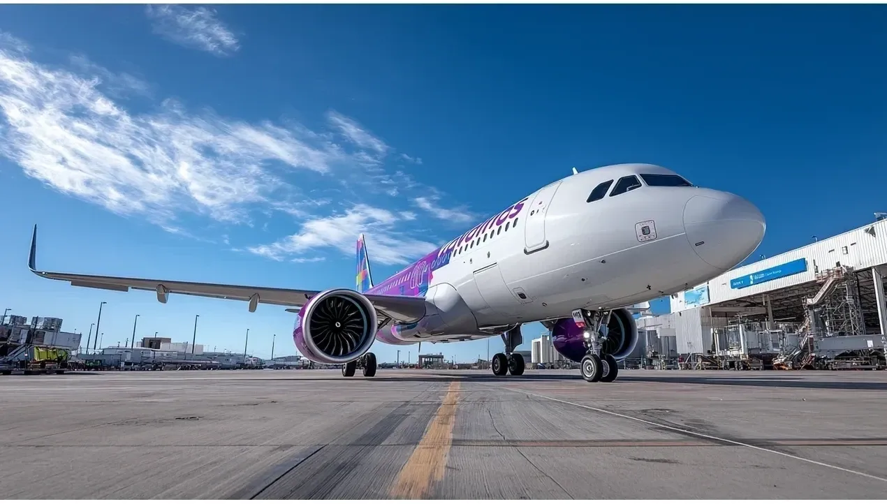 A vibrant Volaris airplane stands on the tarmac with purple and pink accents ready for takeoff highlighting a sunny airport