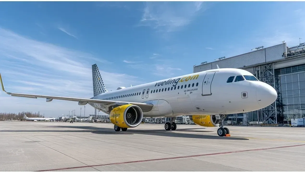 A bright yellow Vueling airliner sits on the tarmac ready for flight highlighting its bold color and aircraft design