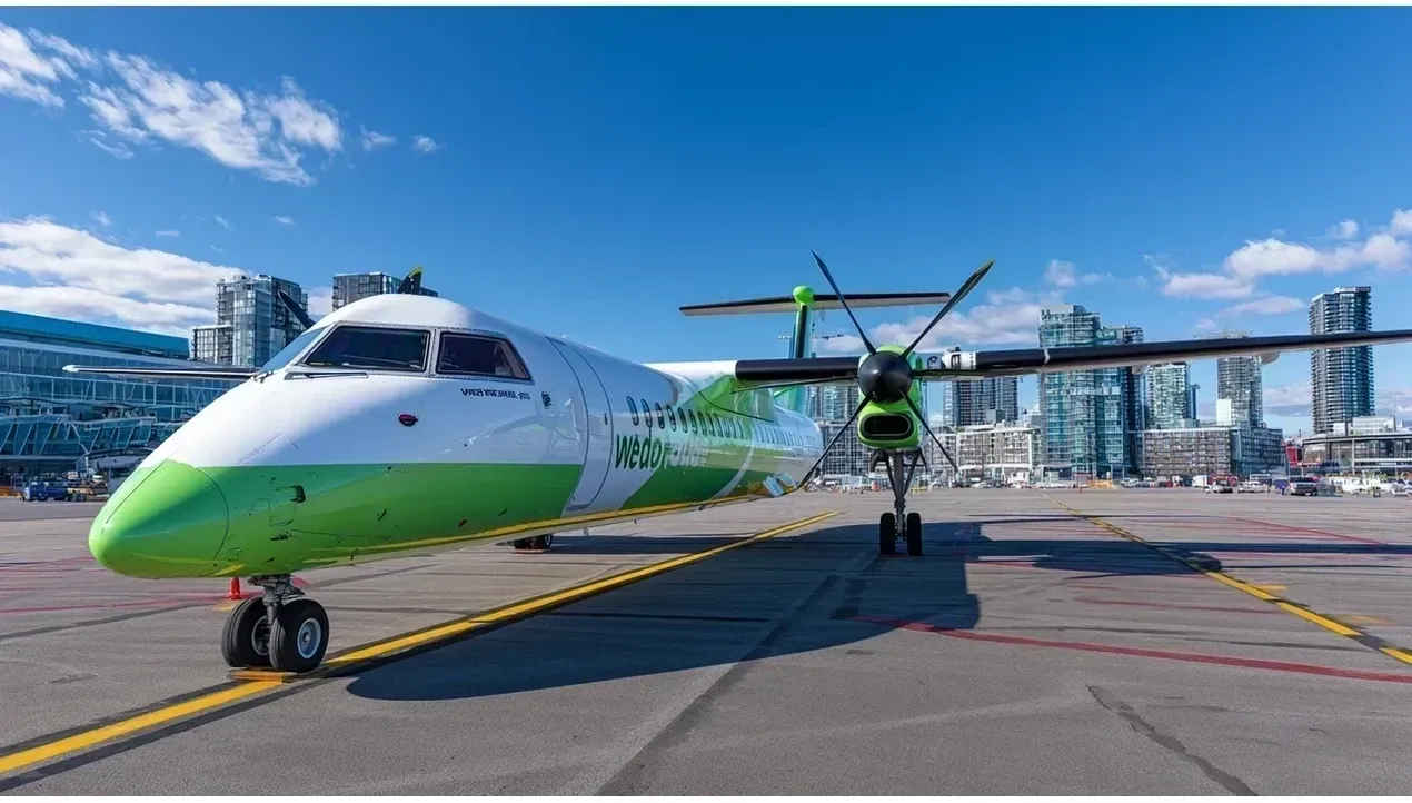 A bright green Wideroe Dash 8400 aircraft stands on the tarmac with a city skyline backdrop