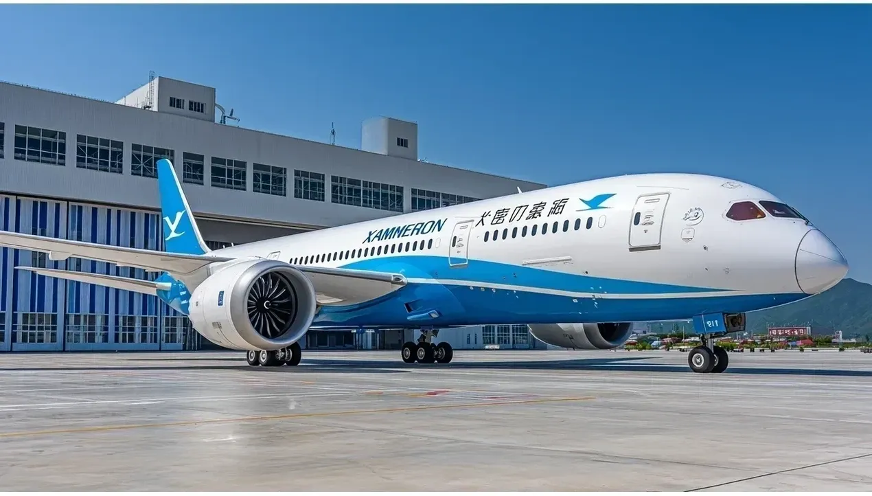 A large Xiamen Airlines passenger aircraft stands on the tarmac featuring prominent branding and a single engine ready for