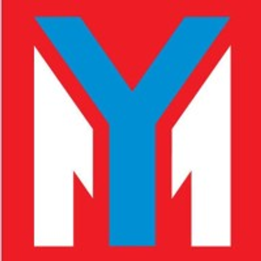 A Yang Ming Marine Transport logo featuring a stylized blue wave with a white triangle emblem symbolizing maritime operations