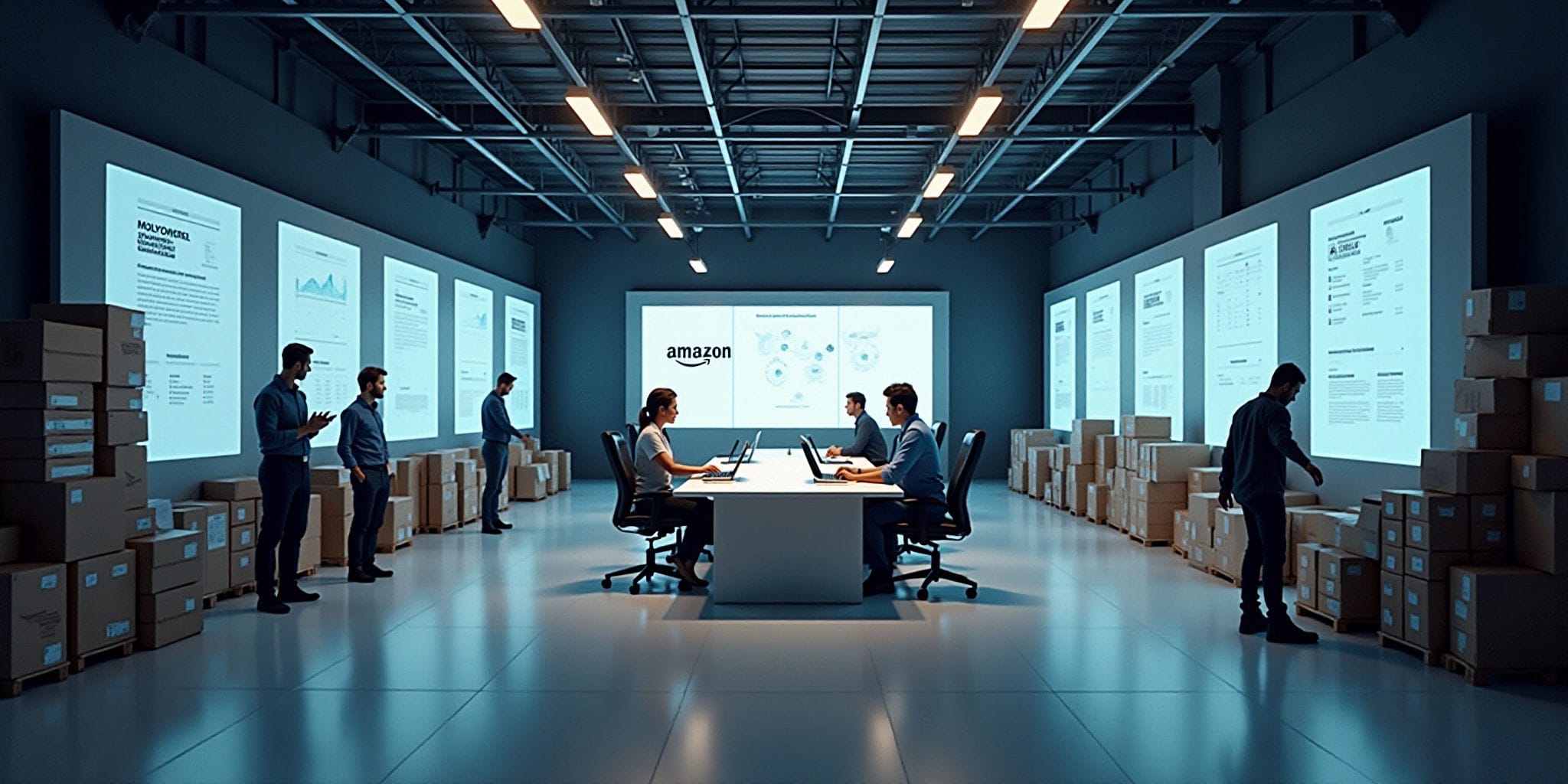 The image depicts a spacious room filled with rows of cardboard boxes stacked along its sides, featuring a large screen at the far end displaying Amazon's logo alongside several pages of information.

In the center of the space, two men stand facing each other, one gesturing as if explaining something to the other. To their left and right are white tables or desks, where a woman sits on a rolling chair behind an open laptop, while another man stands facing away from her, examining some boxes in front of him.

The room is well-lit by overhead fluorescent lights, with the walls painted gray. The floor appears to be made of shiny tile or polished concrete, reflecting the light. The overall atmosphere suggests that this is a commercial space, possibly an office or warehouse used for Amazon's operations.