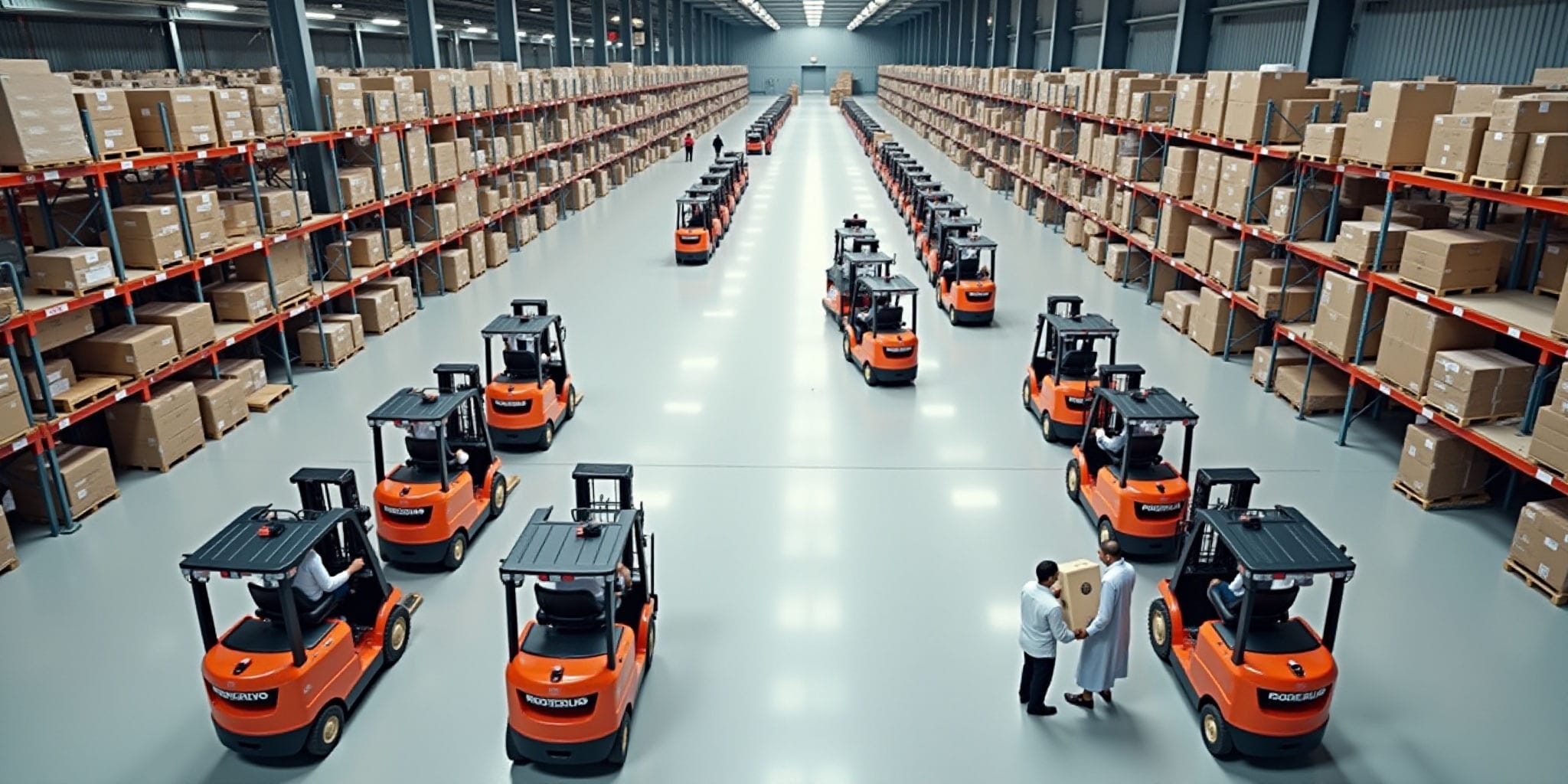 This image depicts a large warehouse featuring rows of shelving units stacked with cardboard boxes, accompanied by several forklifts navigating through the space. The warehouse's floor is composed of light gray concrete, providing a clean and neutral backdrop for the storage and transportation of goods.

The shelves are constructed from metal frames with red supports and feature multiple layers of shelves to maximize storage capacity. Each shelf is filled with cardboard boxes of varying sizes, some stacked horizontally and others vertically to optimize space utilization. The boxes appear to be securely fastened to prevent shifting or falling during handling.

In the foreground, several forklifts are visible, each equipped with a black cab and an orange body. The forklifts are moving in different directions throughout the warehouse, indicating that they are actively engaged in transporting goods from one location to another.

At the bottom of the image, two individuals can be seen standing near a forklift. One person is dressed in a white lab coat and dark pants, while the other wears a light-colored shirt and dark pants. They appear to be examining or interacting with the forklift, possibly discussing logistics or inventory management strategies.

Overall, this image captures a snapshot of a bustling warehouse environment where goods are being stored, transported, and managed with precision and efficiency.