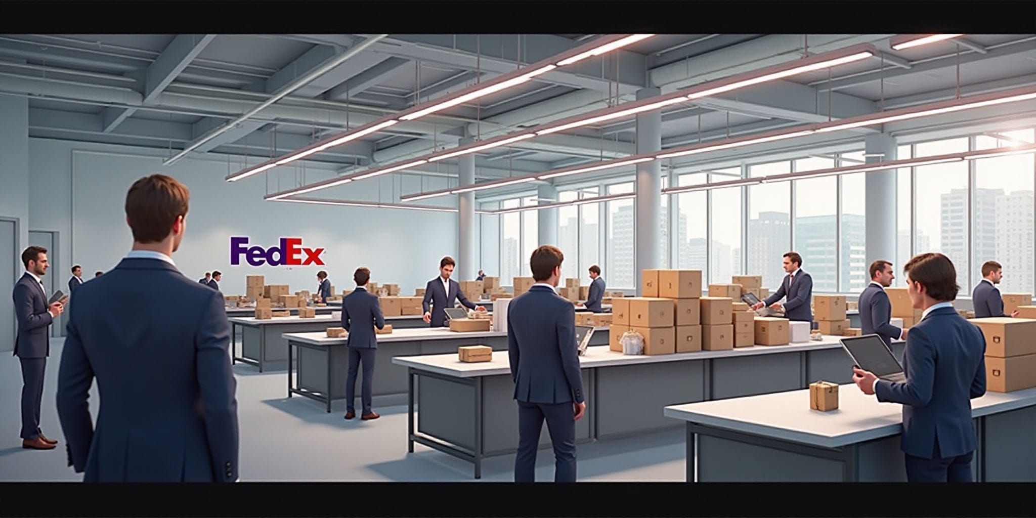 The image depicts two identical scenes of an office space that appears to be part of FedEx's operations, likely a shipping and receiving area for packages. The top scene is labeled "FedEx" in purple text with a red "E", while the bottom scene has no label.

In both images, several men wearing blue business suits are standing around workstations, engaged in various tasks such as sorting boxes or holding electronic devices. Behind them, rows of white desks are lined up against a wall of windows that offer a cityscape view. The walls and floor are painted light grey-blue, while the ceiling features exposed beams and fluorescent lighting fixtures. A row of cardboard boxes sits on the desk closest to the camera in both images.

The overall atmosphere suggests a bustling workplace with employees diligently working together to process packages efficiently.