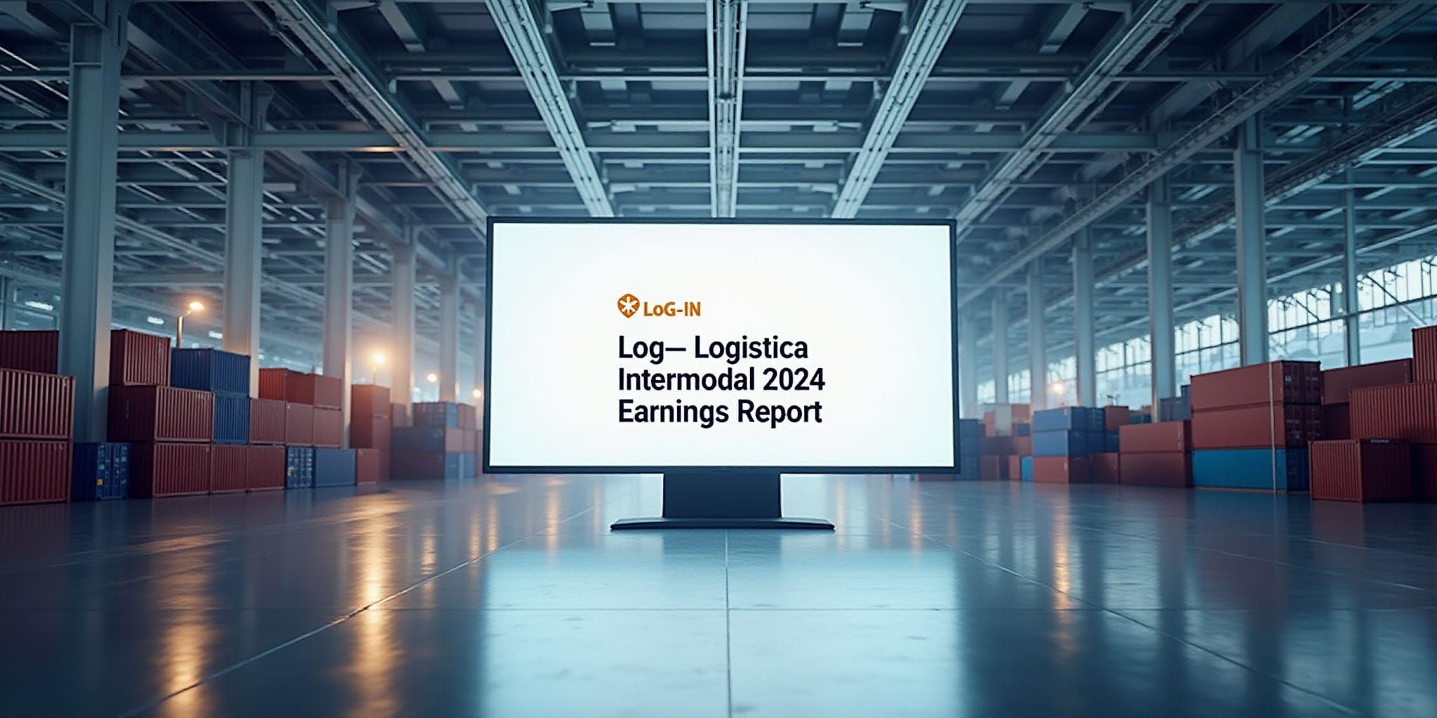 The image depicts two identical warehouse settings, each featuring a large white sign prominently displayed on the floor. The signs are positioned centrally in both photographs, facing the camera directly. They are rectangular in shape with black borders and stand upright on their own without any visible support.

On the left side of the sign, there is an orange logo consisting of four connected circles arranged in a square formation, accompanied by the text "LoG-IN" written in bold, all-caps orange font below it. The right side of the sign features black text that reads: "Log—Logistics Earnings Report."

Both photographs showcase identical warehouse settings. The background is filled with rows of shipping containers stacked horizontally and vertically on either side of a large open space. In the distance, there are several bright lights visible, along with what appears to be an additional row of shipping containers and a wall at the far end of the warehouse.

The overall atmosphere suggests that this image may be used as part of a corporate presentation or report related to logistics and transportation. The presence of two identical signs in different locations implies that they are intended for display in various settings, possibly during a conference or meeting.