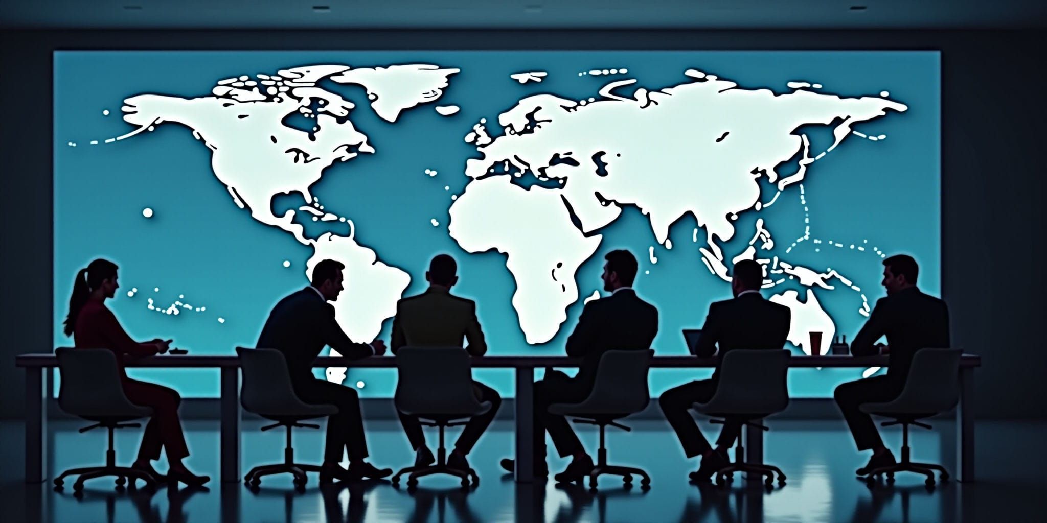 The image features two silhouetted scenes of people sitting at desks in front of large screens displaying world maps.

In the top scene, three individuals are seated at a long table with their backs to the viewer. Two men sit on either side of the woman, who is positioned closest to the camera. They all wear dark suits and appear to be engaged in conversation while gazing down at a small object in front of them. The large screen behind them displays an illuminated world map against a blue background.

In the lower scene, three men are seated at a similar table with their backs to the viewer. Two sit on either side of the man who is closer to the camera and they all appear to be conversing while looking down at something in front of them. The large screen behind them also displays an illuminated world map against a blue background.

The overall atmosphere suggests that these individuals are likely businesspeople or politicians engaged in important discussions related to global issues, as indicated by their attire and the presence of world maps on the screens behind them.