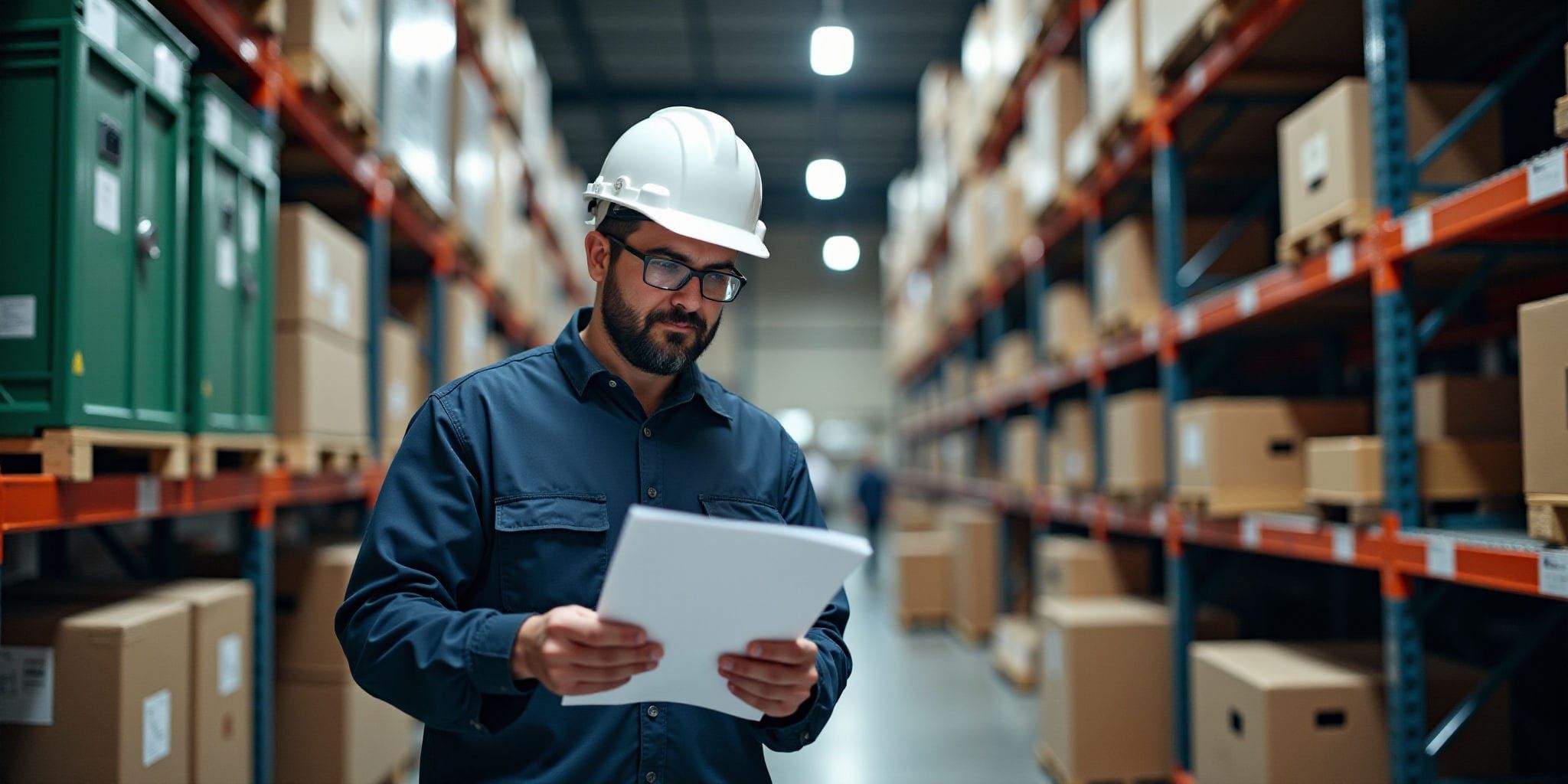 The image shows a warehouse worker standing between rows of shelving units. The man is wearing a white hard hat and dark blue button-up shirt. He is looking down at a piece of paper in his hands, possibly a clipboard with notes or instructions for him to follow.

Behind him are several rows of shelving units stacked high with cardboard boxes. The shelves appear to be made of metal and have an orange frame around the edges. There are also two green plastic bins on top of one of the shelves. In the background, there is a large warehouse space with fluorescent lighting overhead. The overall atmosphere suggests that this is a busy warehouse where workers are stocking and organizing inventory.