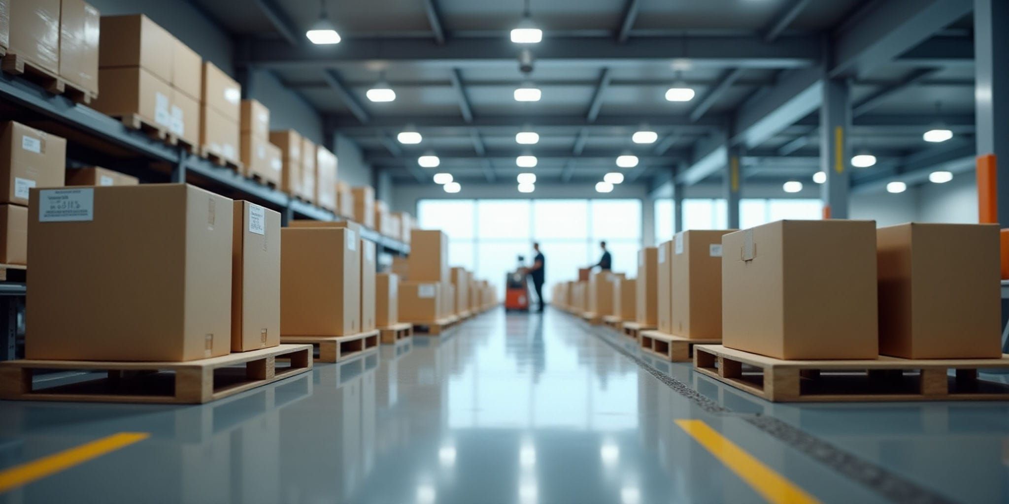 This image depicts two distinct views of an industrial warehouse space dedicated to storage and shipping operations. The foreground features rows of cardboard boxes arranged on wooden pallets along the floor, while shelves above them are stacked with additional boxes in various sizes. In the background, a person is visible moving about the facility, likely carrying out their responsibilities related to inventory management or transportation.

The warehouse's high ceiling and metal beams provide a sense of openness and functionality, while the yellow line running down the center of the floor adds a touch of visual interest. The overall atmosphere suggests a bustling yet organized environment where goods are being efficiently stored and prepared for distribution.
