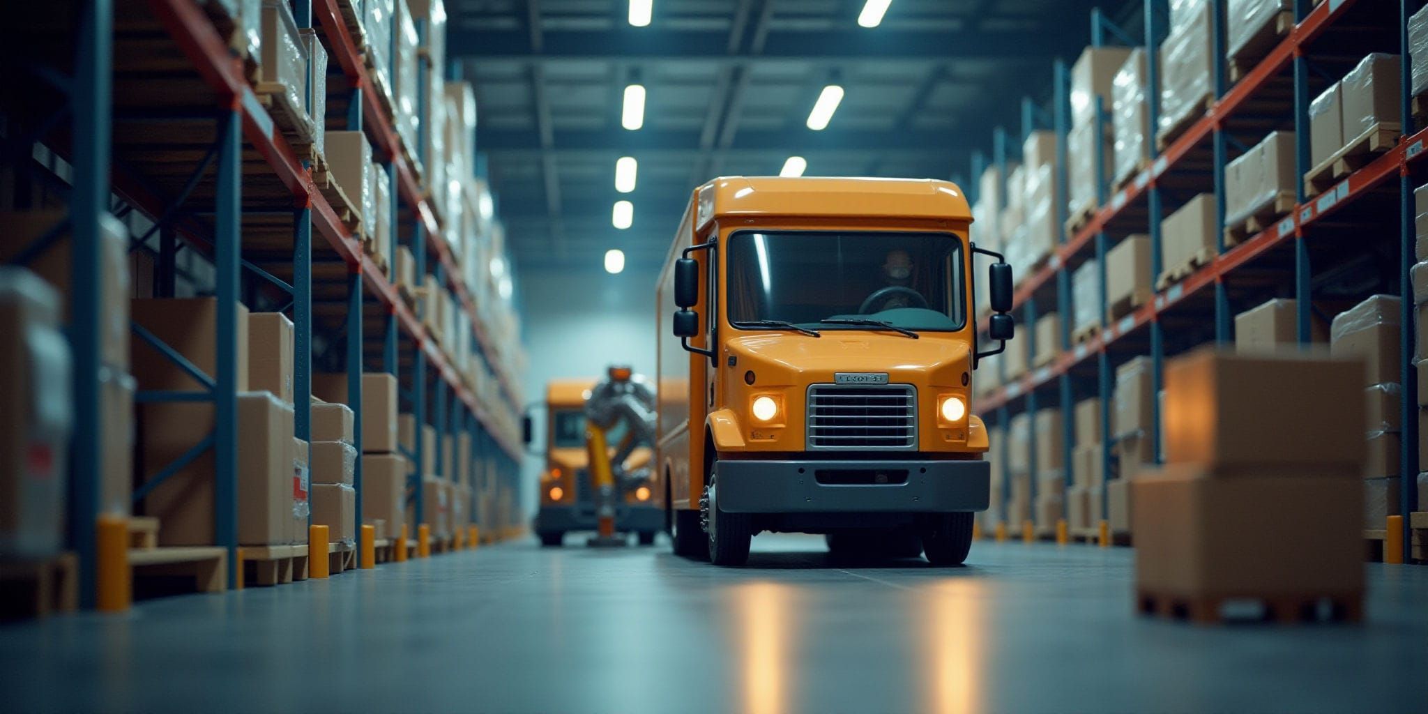 The image depicts a warehouse setting, characterized by rows of shelves stocked with cardboard boxes. The shelves are supported by blue metal beams and red crossbeams, which stretch across the width of the room. A bright yellow forklift is positioned at the end of one aisle, facing towards the camera, while a similar forklift is visible in the background, further down the aisle.

In the foreground, a large yellow truck or van is parked near the entrance to the warehouse, its headlights illuminated. The floor of the warehouse appears to be made of gray concrete and is well-lit by overhead fluorescent lights suspended from the ceiling. Overall, the image suggests that this is an industrial setting where goods are being stored and transported using specialized equipment like forklifts and trucks.
